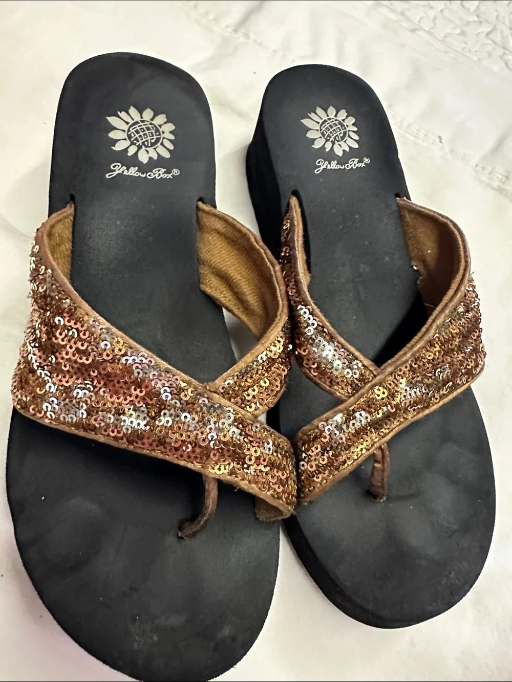Yellow Box Bronze Sequin Crossover Thong Sandals - Picture 1 of 3